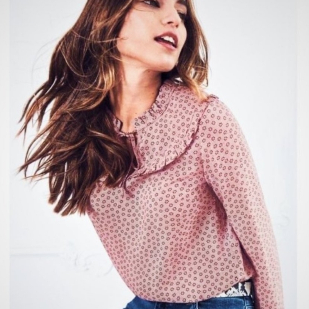 Boden Betsy Floral Ruffle Neck Long Slv Top Office Peasant Prairie Boho US 14 co